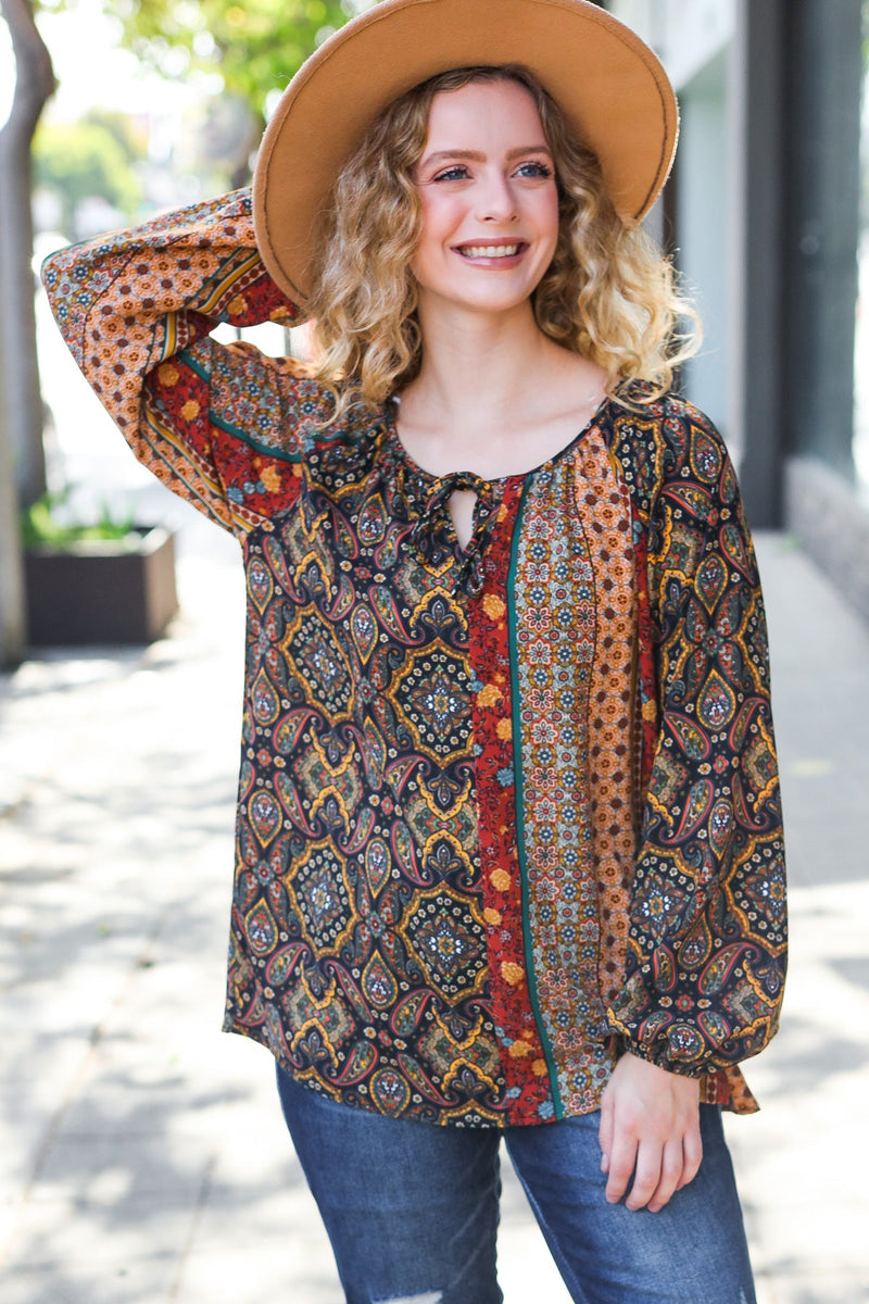 Weekend Ready Black & Rust Paisley Raglan Keyhole Tie Top