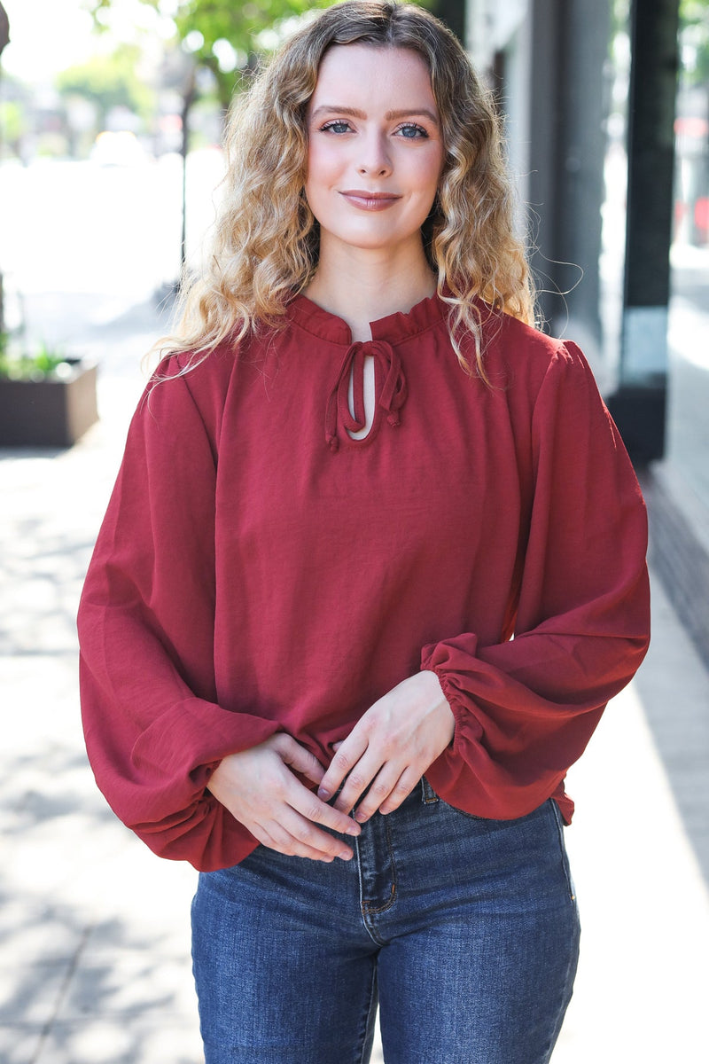 Feeling Femme Off Burgundy Frilled Edge V Neck Tie Top