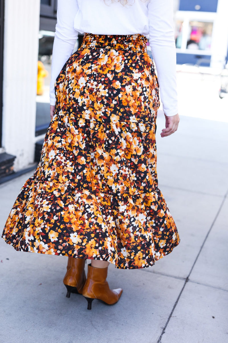 Casual Living Black Floral Tiered Smocked Waist Midi Skirt