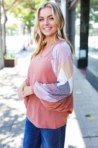 Weekend Ready Rust Argyle Pattern Dolman V Neck Top