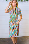 *FINAL SALE* Aqua & Pink Fit & Flare Geometric Midi Dress ~ size L only