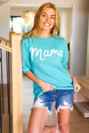 Take A Bow Mint "Mama" Embroidery Pop-Up Puff Sleeve Sweater Top