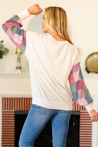 Stand Out Cream Checker Textured Knit Bubble Sleeve Top