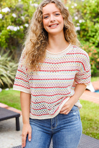 Stand Out Oatmeal & Lavender Stripe Netted Crochet Sweater Top