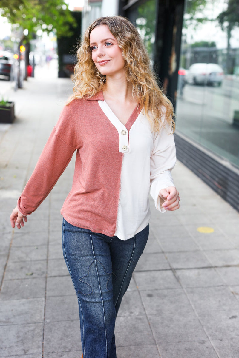 Start Your Day Rust Half & Half Collared Notched Neck Top