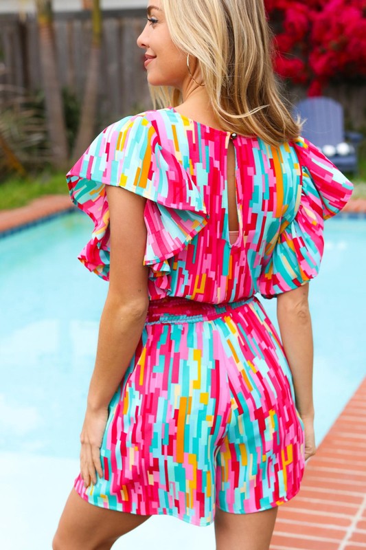 Feeling Bold Fuchsia Abstract Print Smocked Waist Flutter Sleeve Romper