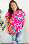 Summer Vibes Fuchsia Abstract Print Frill Notch Neck Puff Sleeve Top