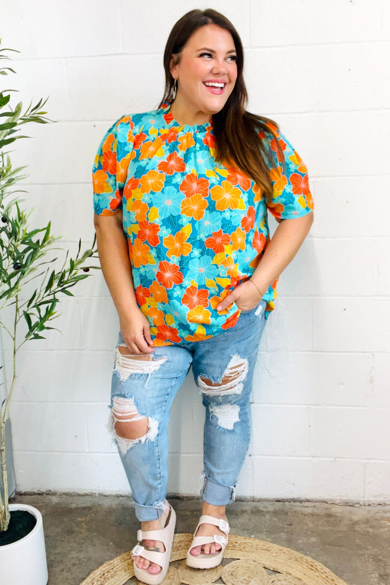 Vacay Ready Blue & Orange Floral Frill Mock Neck Top