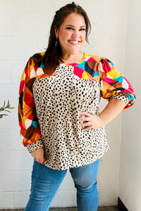 Rust & Khaki Geometric Animal Print Color Block Bubble Sleeve Top