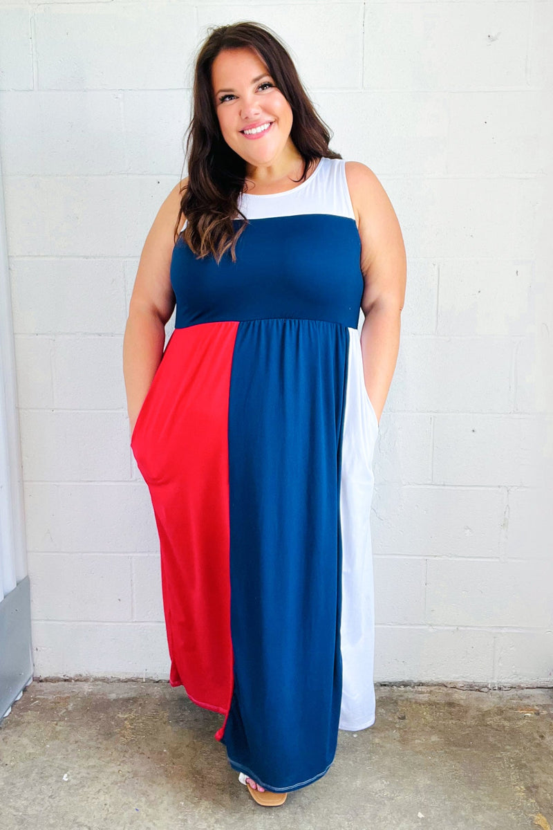 Patriotic Color Block Fit & Flare Maxi Dress