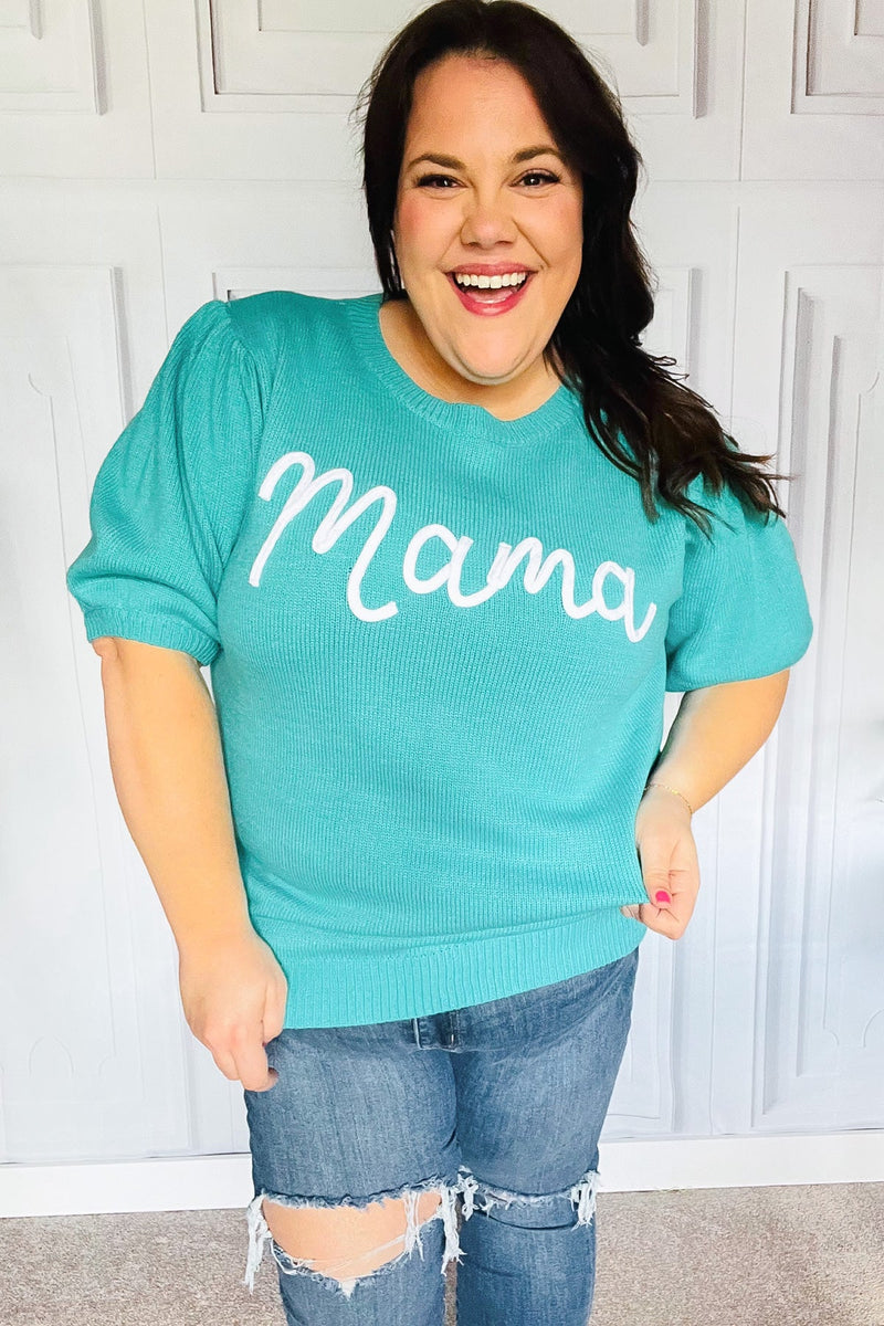 Take A Bow Mint "Mama" Embroidery Pop-Up Puff Sleeve Sweater Top