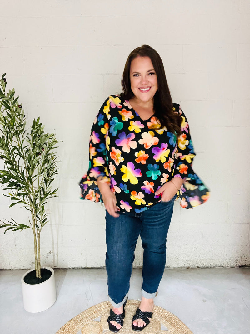 Be Bold Black Floral Hi-Lo Ruffle Sleeve Woven Top