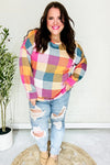 Charming Berry Plaid Checker Print Hacci Sweater Top