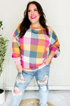 Charming Berry Plaid Checker Print Hacci Sweater Top