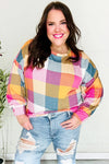 Charming Berry Plaid Checker Print Hacci Sweater Top