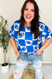 Turn Up The Volume Blue Football Checker Print Top