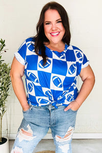 Turn Up The Volume Blue Football Checker Print Top