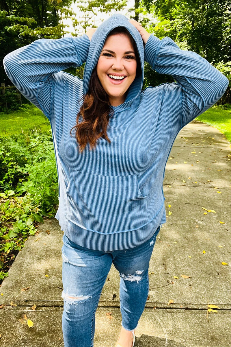 Cozy Days Vintage Denim Mineral Wash Rib Knit Hoodie