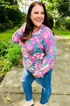 Feeling Femme Teal Floral Brushed Hacci Sweater Top