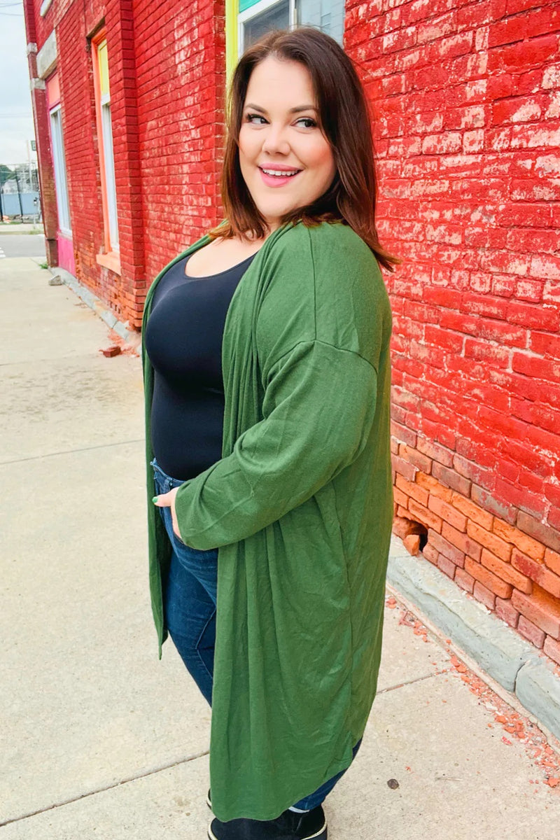 Over The Moon Olive Hacci Midi Open Cardigan