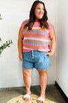 Pretty In Pink & Blue Striped Netted Crochet Dolman Sweater Top