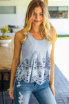 Call On Me Blue Embroidered Scalloped Hem Sleeveless Top