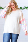 *FINAL SALE* ~ Oatmeal Two-Tone Floral Crochet Print Raglan Bubble Sleeve Top - size 1X only