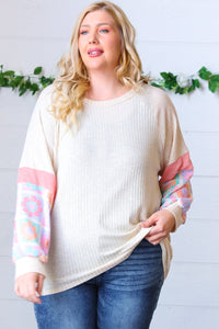 *FINAL SALE* ~ Oatmeal Two-Tone Floral Crochet Print Raglan Bubble Sleeve Top - size 1X only